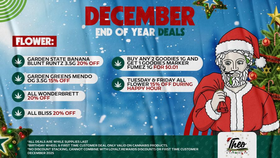 December end-of-year flower deals at Theo Dispensary featuring Theo mascot dressed as Santa graphic and discounts on Garden State, Garden Greens, Wonderbrett, Bliss, and mix-and-match flower offers.