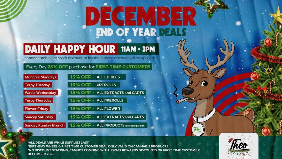 Theo Dispensary December daily happy hour specials with reindeer graphic, offering 15% off categories like edibles, prerolls, extracts, carts, and flower, plus 25% off for first-time customers.