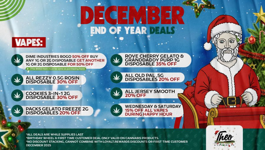 Theo Dispensary December vape deals graphic with the Theo mascot dressed as Santa in a sleigh, showcasing discounts on Dime Industries, Rezzy rosin, Cookies disposables, Packs Gelato Freeze, Rove, Old Pal, and Jersey Smooth.
