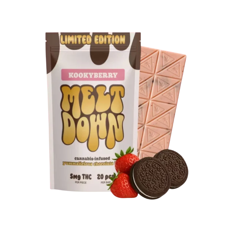 Meltdown Kookyberry cannabis-infused chocolate bar with strawberries and sandwich cookies beside limited edition pink and white packaging.