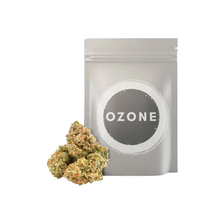 Ozone's That Badu cannabis flower eighth next to branded silver resealable pouch with bold Ozone logo.