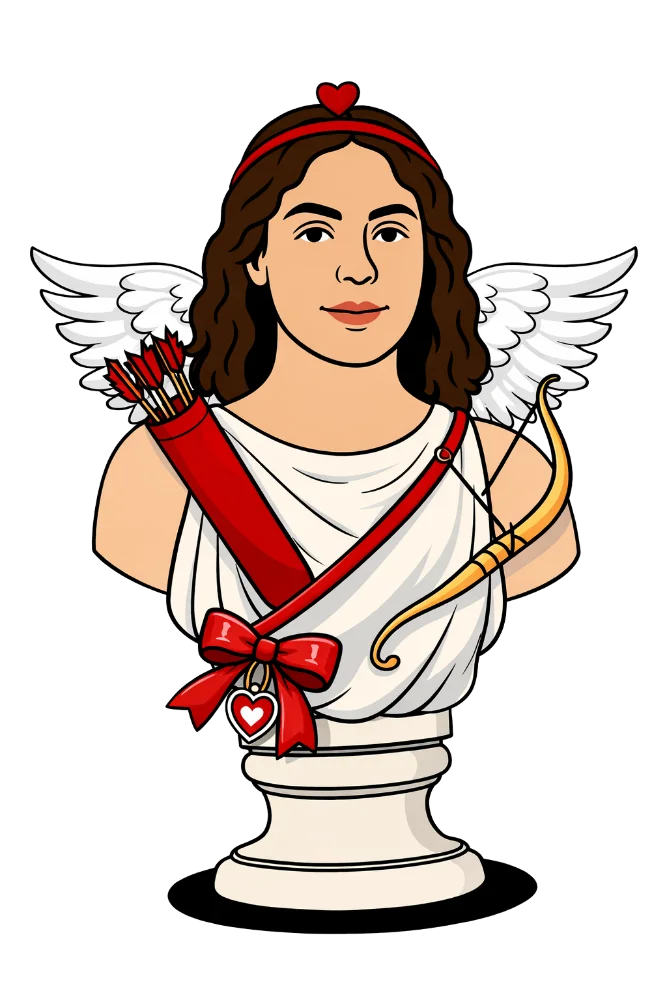Cartoon-style bust of a woman dressed as Cupid, featuring a white toga with a red ribbon and heart pendant, a quiver of arrows, white wings, and a red headband with a heart. She has medium-length brown wavy hair and a calm, confident expression.