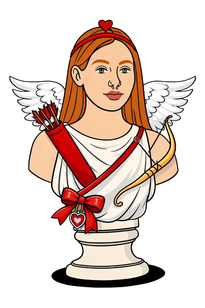 Cartoon-style bust of a woman dressed as Cupid, with long red hair, a red headband with a heart, and a white toga accented with red ribbon and a heart-shaped pendant. She carries a bow and quiver, has white wings, and a gentle, sweet expression.