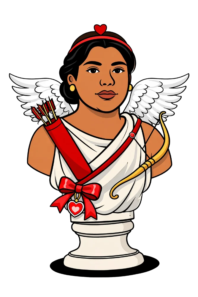 Cartoon-style bust of a woman dressed as Cupid, wearing a white toga with red accents, a heart pendant, white wings, and a red headband with a heart. She has dark hair tied back, gold earrings, and a poised, friendly expression.