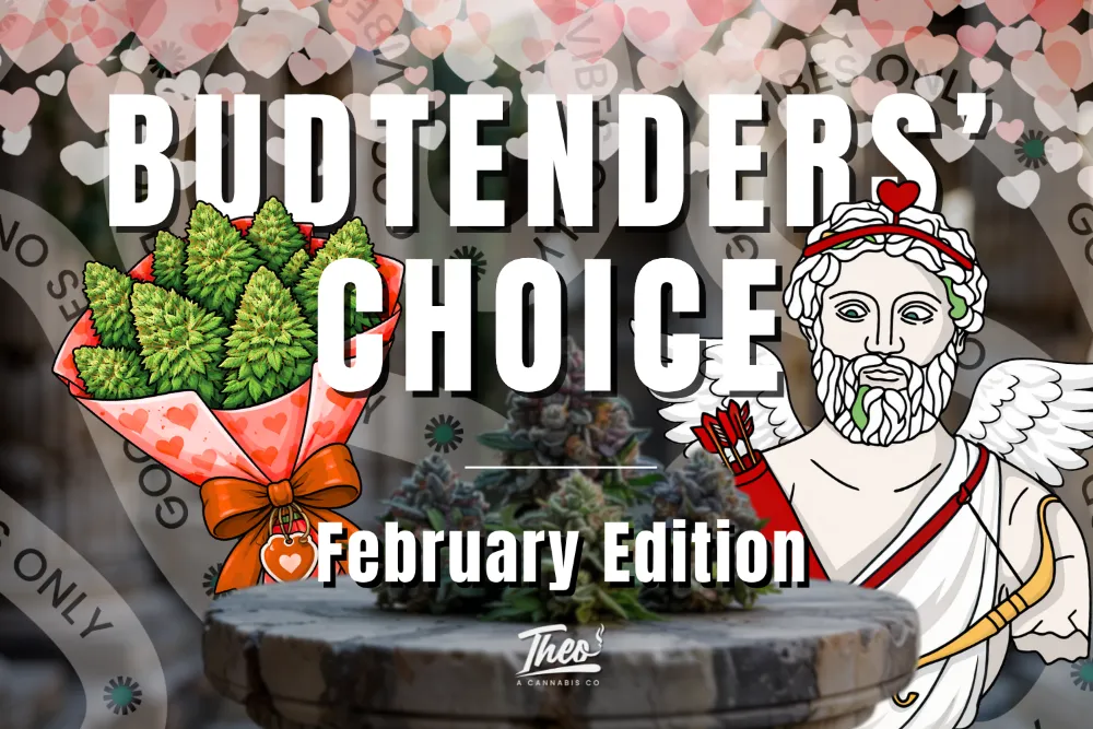 Budtenders’ Choice February edition graphic featuring a bouquet of cannabis flower, heart-themed Valentine’s design elements, and Theo’s cupid-style statue illustration promoting curated staff picks.