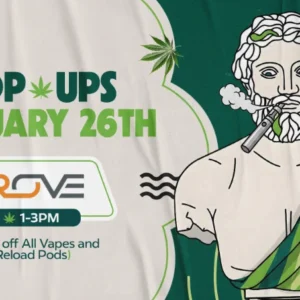 Theo Cannabis pop-up event on February 26 featuring ROVE, with cannabis-themed artwork and a classical statue illustration smoking a joint.