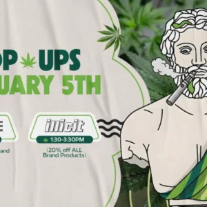 Theo Cannabis pop-up events on February 5 featuring ROVE and Illicit, with leafy green background and Theo’s statue mascot smoking a joint.