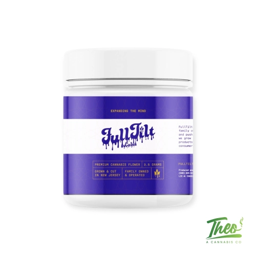 Full Tilt Labs Strawrilla flower jar with bold purple and white design, labeled premium cannabis flower.