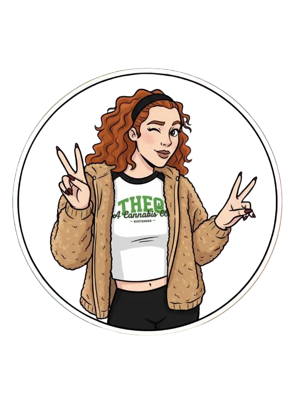 Cartoon-style illustration of a Theo budtender, Haley, making peace signs, wearing a Theo Cannabis crop top and jacket inside a circular frame on a white background.