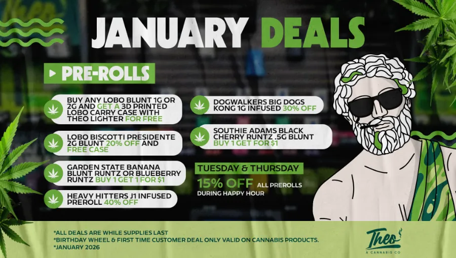 Theo Dispensary January pre-roll deals graphic showcasing infused and classic pre-roll discounts, featuring the Theo mascot and cannabis imagery.