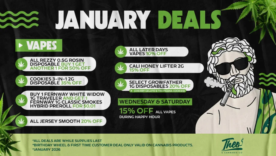 January vape deals graphic at Theo Dispensary featuring discounts on disposable vapes and cartridges, with the Theo mascot and cannabis leaf design.