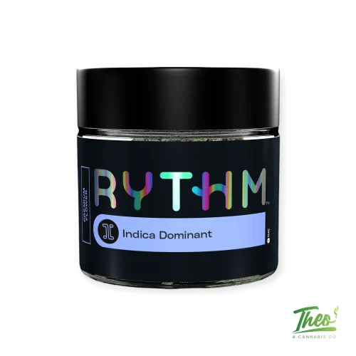 Rythm Black Maple indica-dominant cannabis flower in a black glass jar, available at Theo cannabis dispensary in Franklin Park NJ