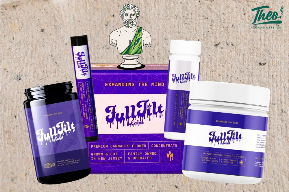 Assorted Full Tilt Cannabis products including flower jars, pre-rolls, and packaging, with Theo Cannabis logo.