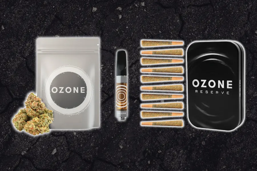 OZONE cannabis products including flower buds, a 510 vape cartridge, pre-rolls, and OZONE Reserve packaging, available at Theo dispensary in Franklin Park, New Jersey.