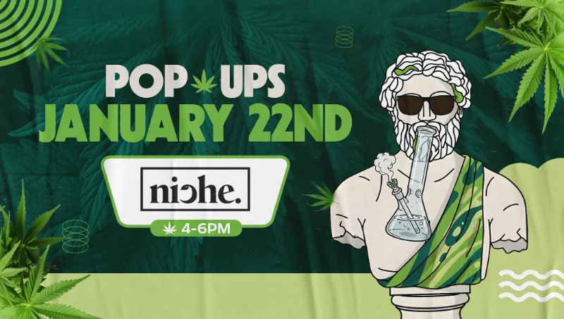 Theo Dispensary pop-up event graphic announcing the Niche vendor pop-up on January 22 from 4–6 PM, featuring the Theo mascot on a green cannabis-themed background.