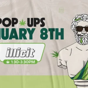 Theo Dispensary pop-up event graphic for the Illicit vendor pop-up on January 8 from 1:30–3:30 PM, with the Theo mascot and cannabis leaf accents.