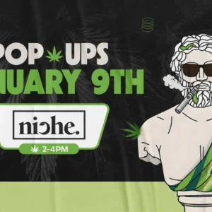 Theo Dispensary pop-up event graphic promoting the Niche vendor pop-up on January 9 from 2–4 PM, featuring the Theo mascot and cannabis-inspired visuals.