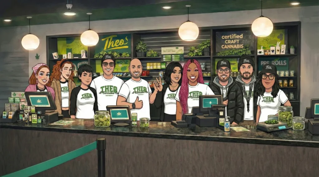 Theo Dispensary team standing behind the counter inside the store, featuring friendly budtenders in Theo-branded shirts with cannabis flower displays and pre-roll products visible in the background.