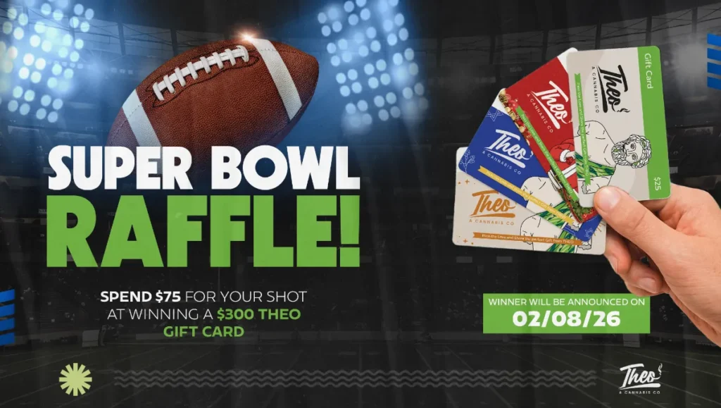 Theo Dispensary Super Bowl raffle promotion showing a football and Theo gift cards, offering customers a chance to win a $300 Theo gift card.
