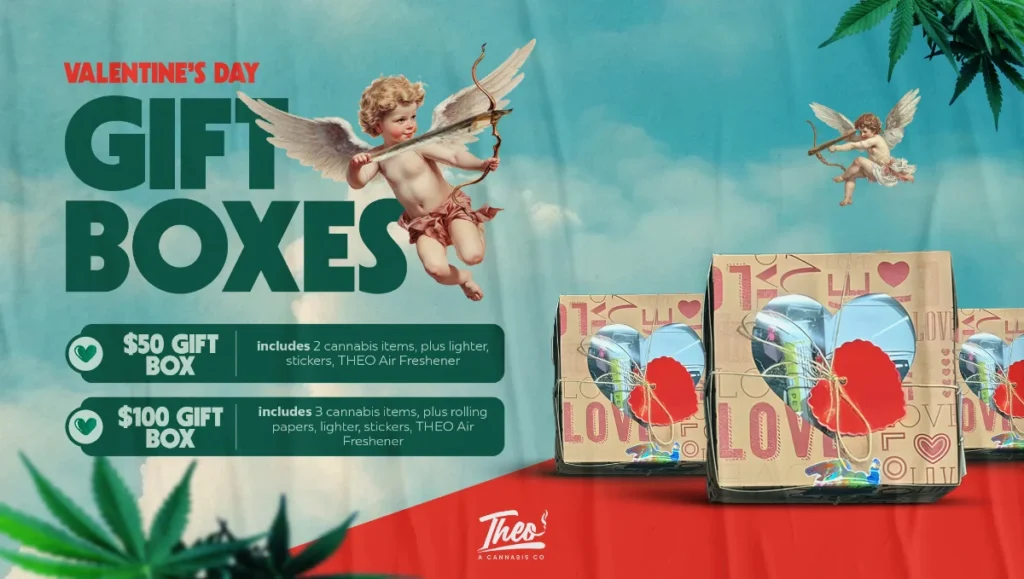 Valentine’s Day gift boxes promotion at Theo Dispensary featuring Cupid illustrations and curated cannabis gift boxes available in $50 and $100 options.