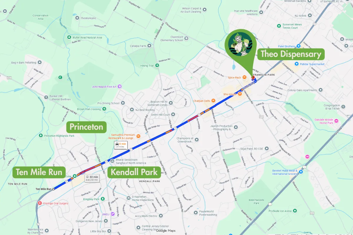 Map showing Route 27 northbound from Ten Mile Run and Kendall Park leading to Theo A Cannabis Dispensary in Franklin Park, NJ.