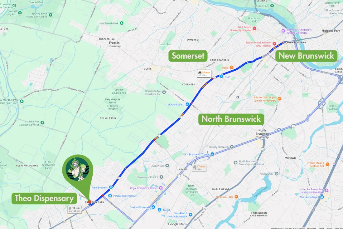 Map showing Route 27 southbound from New Brunswick and Somerset to Theo A Cannabis Dispensary in Franklin Park, NJ.