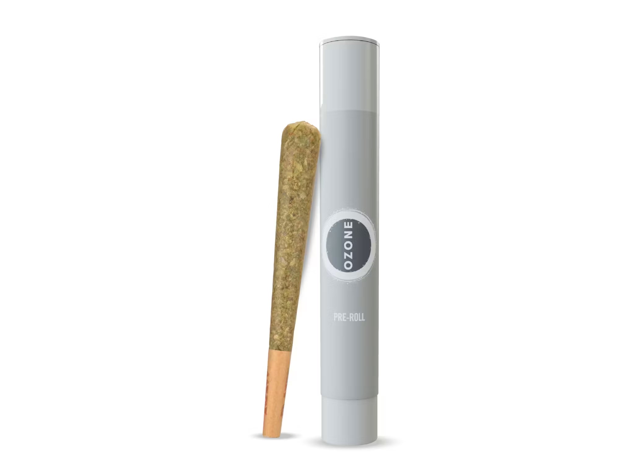 Ozone cannabis pre-roll displayed next to its branded cylindrical tube packaging on a white background