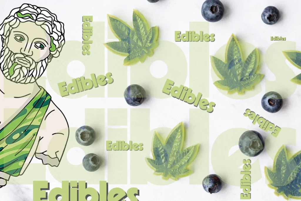 Theo Dispensary Mascot with cannabis leaf gummies and blueberries for Franklin Park NJ Edibles