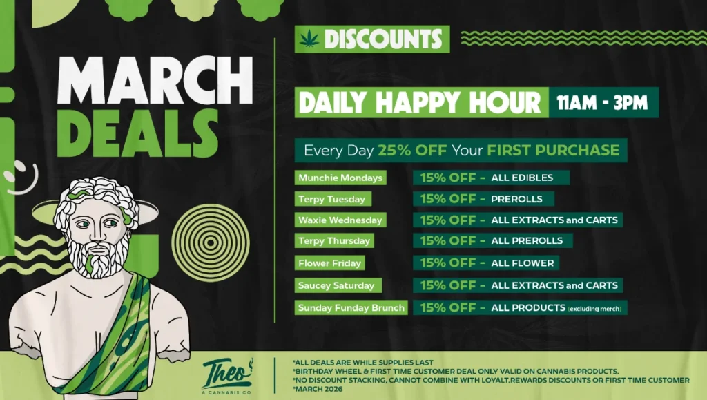 Theo Cannabis March daily happy hour discounts schedule showing weekly cannabis deals on edibles, prerolls, flower, extracts, and carts