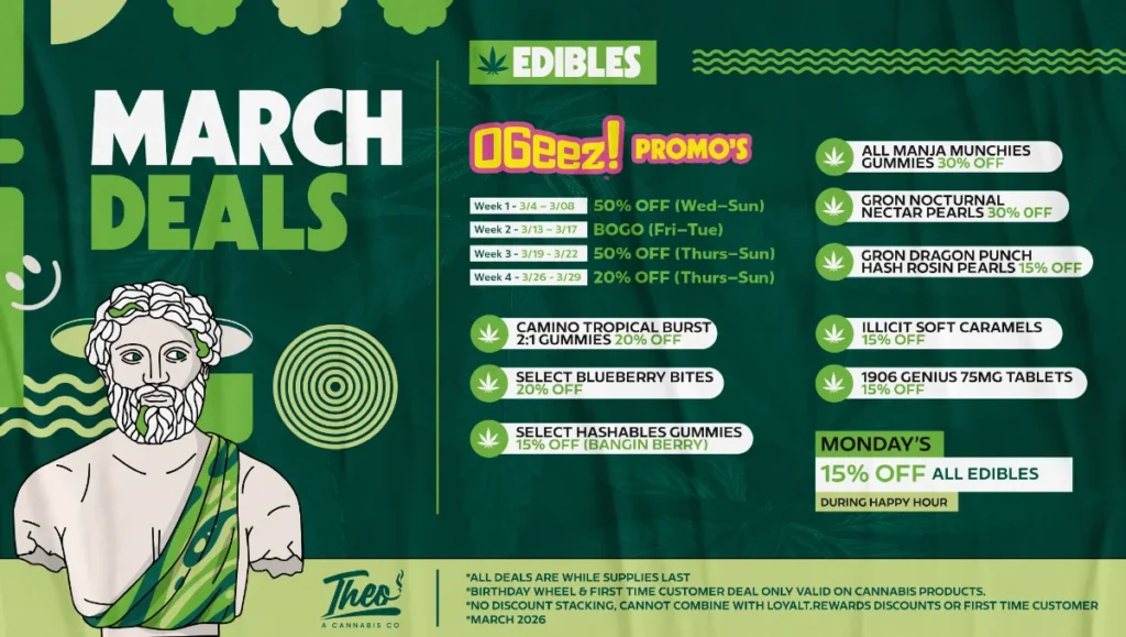 Theo Cannabis March edibles deals promotion featuring gummies, hashables, Manja Munchies, Camino gummies, and weekly OGeez promotions