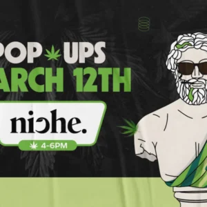 Theo Cannabis pop-up event on March 12 featuring Niche, with bold green cannabis leaves and Theo’s statue mascot illustration.