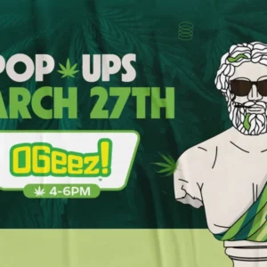 Theo Cannabis pop-up event on March 27 featuring OGeez!, with bold green cannabis leaves and Theo’s statue mascot illustration.