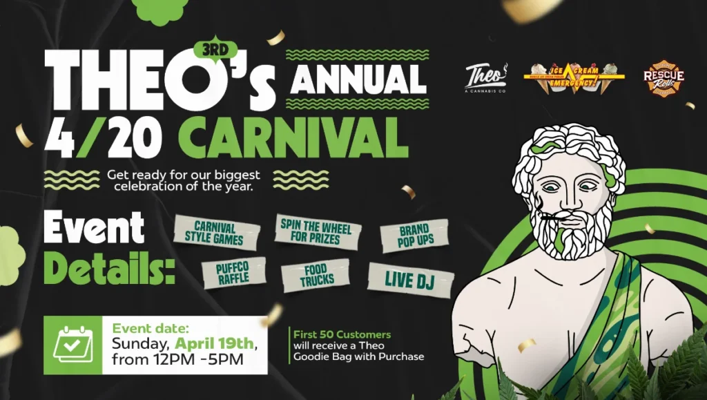Theo’s 3rd Annual 4/20 Carnival event promotion highlighting games, brand pop-ups, Puffco raffle, live DJ, and event details for April celebration