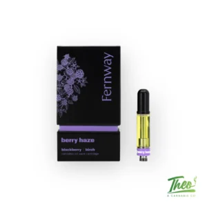 Fernway Berry Haze cannabis oil vape cartridge with black and purple product packaging at Theo