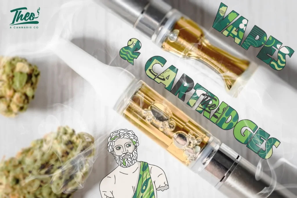 Cannabis vape cartridges with smoke, flower buds, and Theo illustration for Theo A Cannabis Dispensary vapes landing page