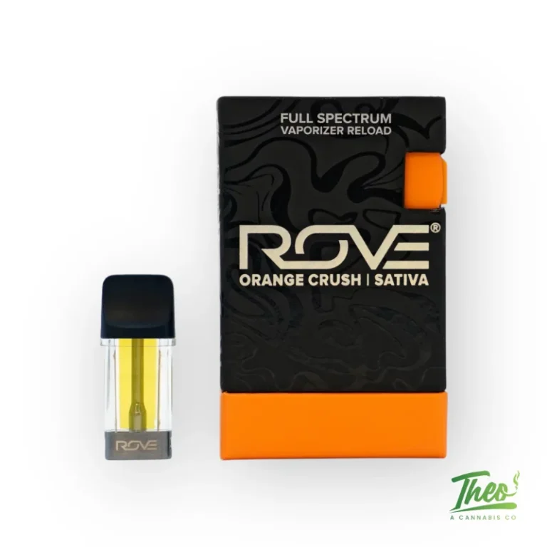 ROVE Orange Crush sativa full spectrum vaporizer reload pod with black and orange packaging at Theo