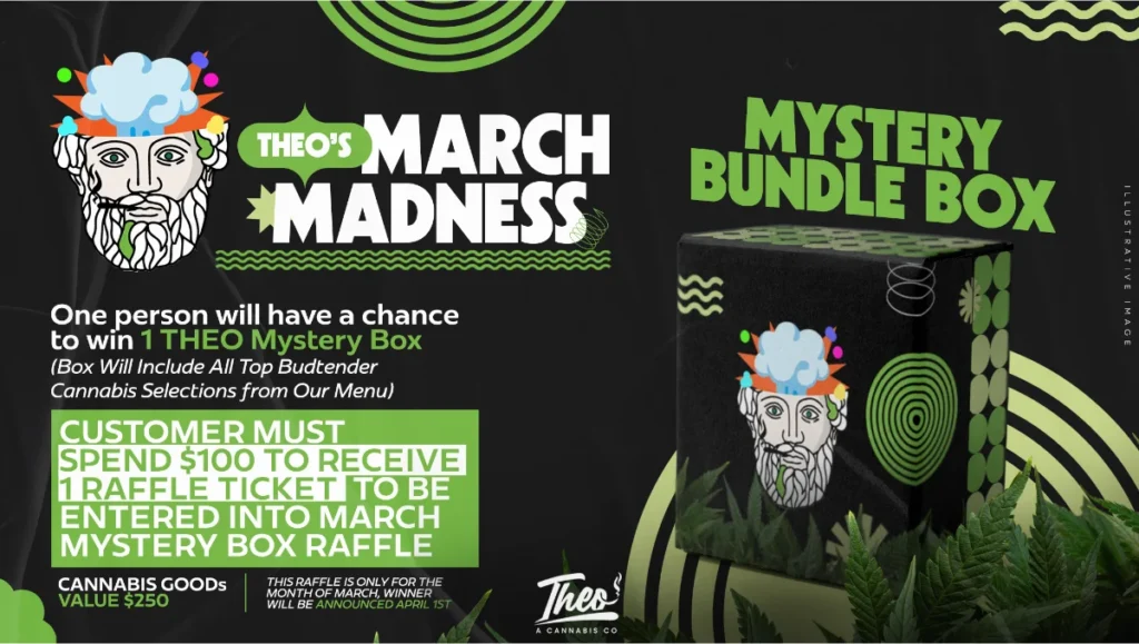 Theo’s March Madness mystery bundle box raffle promotion featuring a cannabis-themed prize box and entry details with qualifying purchase