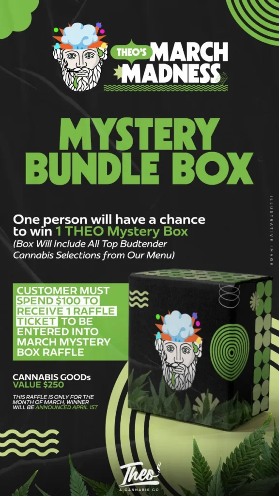 Theo’s March Madness mystery bundle box raffle promotion featuring a cannabis-themed prize box and entry details with qualifying purchase