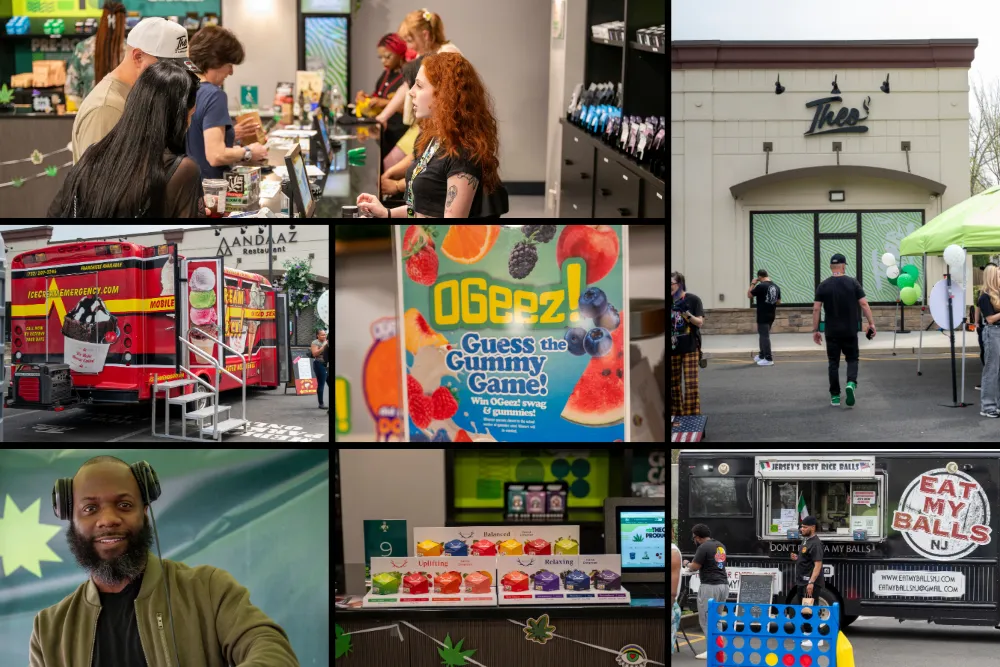 Photo collage from Theo’s 4/20 Carnival in Franklin Park, NJ featuring dispensary guests, OGeez! pop-up, food trucks, games, and event scenes from last year