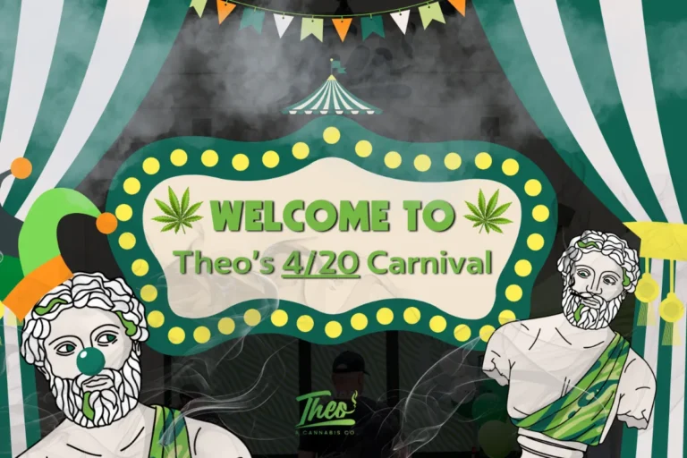 Welcome sign for Theo’s 4/20 Carnival event in Franklin Park, NJ with carnival-themed decor and Theo branding