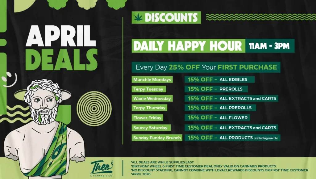 Theo Cannabis April daily happy hour deals with discounts on edibles prerolls flower extracts and carts throughout the week