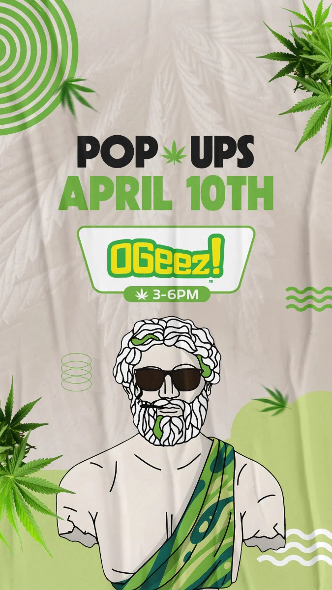 Cannabis pop-up event poster for Ogeez on April 10th from 3 to 6 PM
