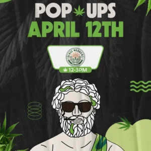 Cannabis pop-up event poster for Glass Meadows on April 12th from 12 to 3 PM