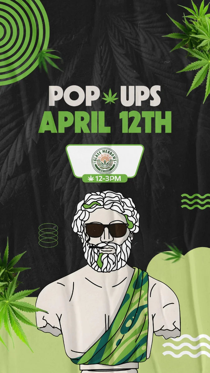 Cannabis pop-up event poster for Glass Meadows on April 12th from 12 to 3 PM