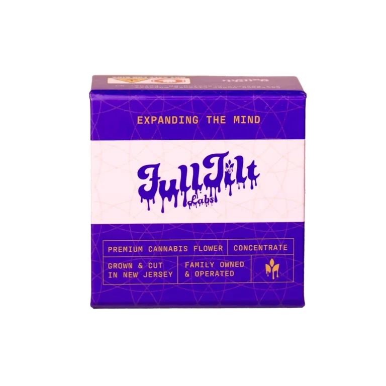 Full Tilt premium cannabis flower concentrate packaging in bold purple box, showcasing New Jersey grown and family owned marijuana concentrate brand on minimal background.