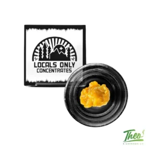 Locals Only cannabis concentrate featuring golden extract in black container with branded packaging, highlighting premium marijuana concentrate product on clean white background with Theo’s Cannabis Co branding.