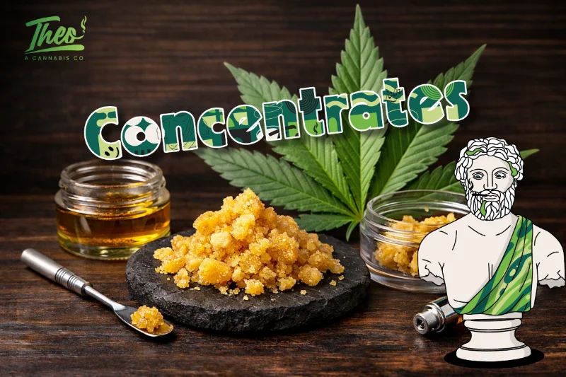 Cannabis concentrates hero image featuring wax and crumble on a dark wood surface with glass jars, dab tool, and cannabis leaf, branded with Theo’s Cannabis Co and stylized statue illustration, highlighting premium marijuana concentrates.