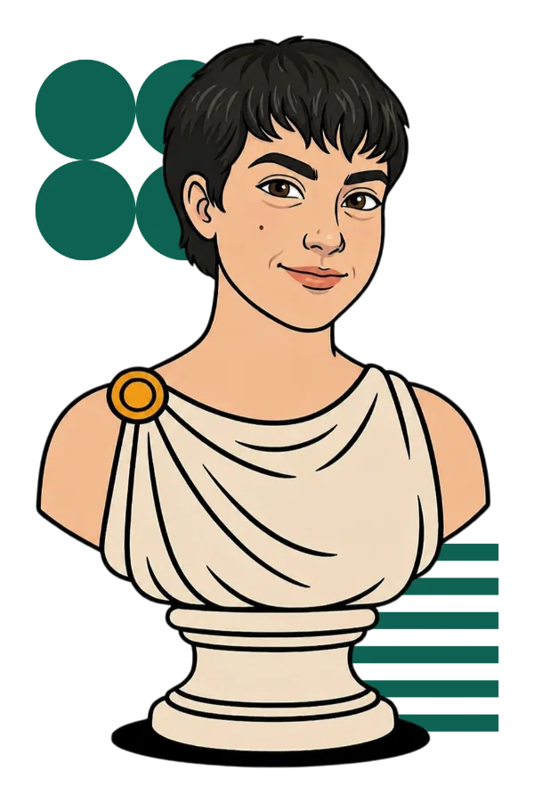 Illustrated bust of Bethina, a Theo budtender, styled in a classical statue look with a confident expression and a draped toga. Part of the Budtenders’ Choice series.