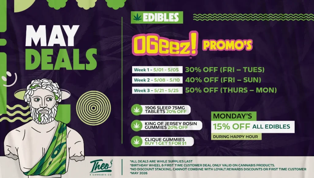 Theo Cannabis May edible deals Franklin Park NJ featuring OGeez promotions and discounts on gummies and tablets