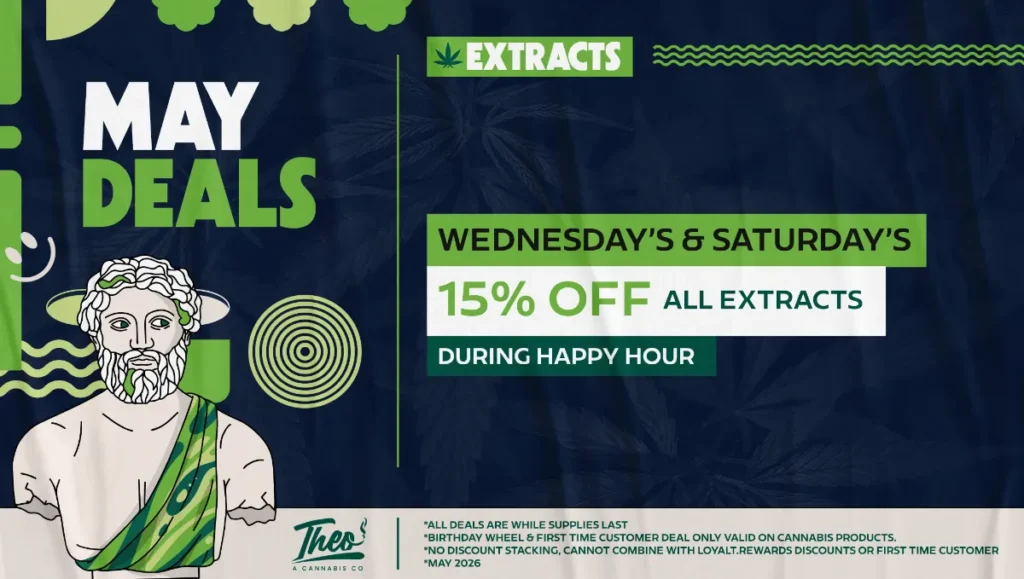 Theo Cannabis May extract deals Franklin Park NJ with 15 percent off all cannabis extracts during happy hour